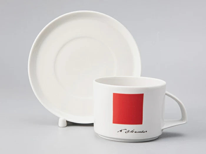 Çay Bardağı ve Tabağı 280 ml Şekil Denge Desenli Kırmızı Kare