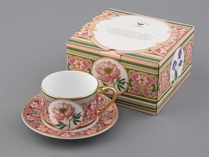 Fincan ve tabak 250 ml hediye kutusunda, Harika Şakayık çizimi