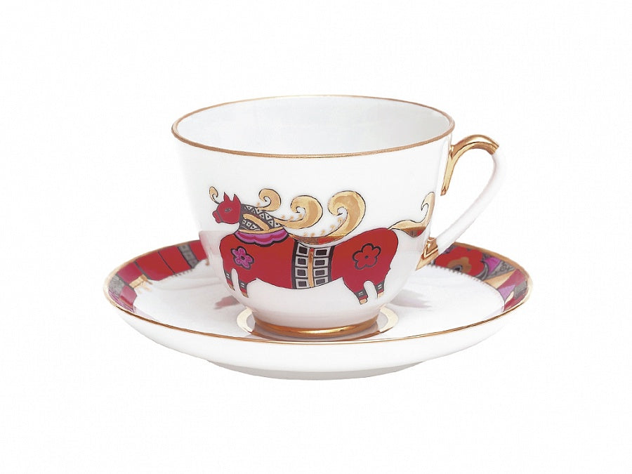 Bahar Kırmızı At Çay Fincanı ve Tabağı