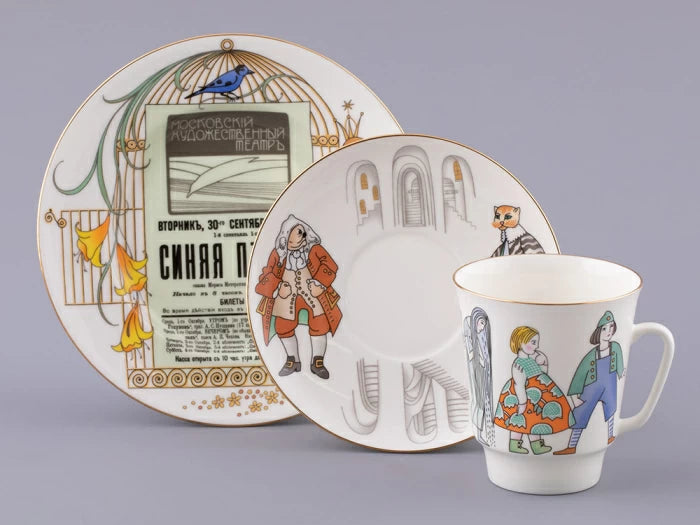 Üç parçalı set 165 ml şekil Mavi Kuş çizimi