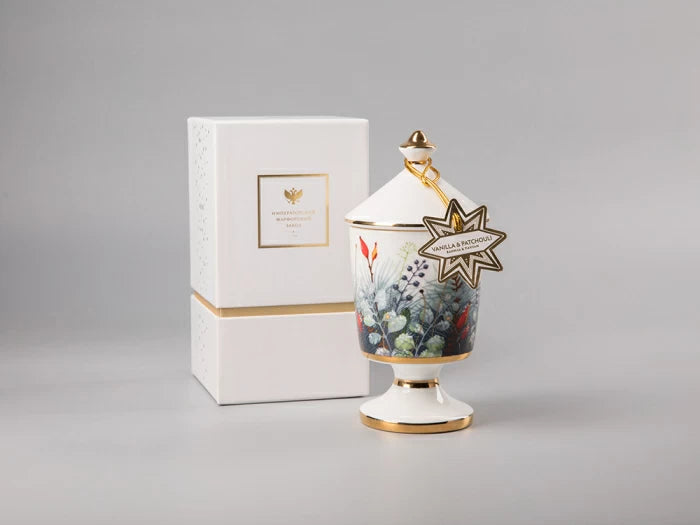 Hediye kutusunda kokulu mum, şekil İdil çizimi Kalenda kokusu Vanilya Paçuli sanatı